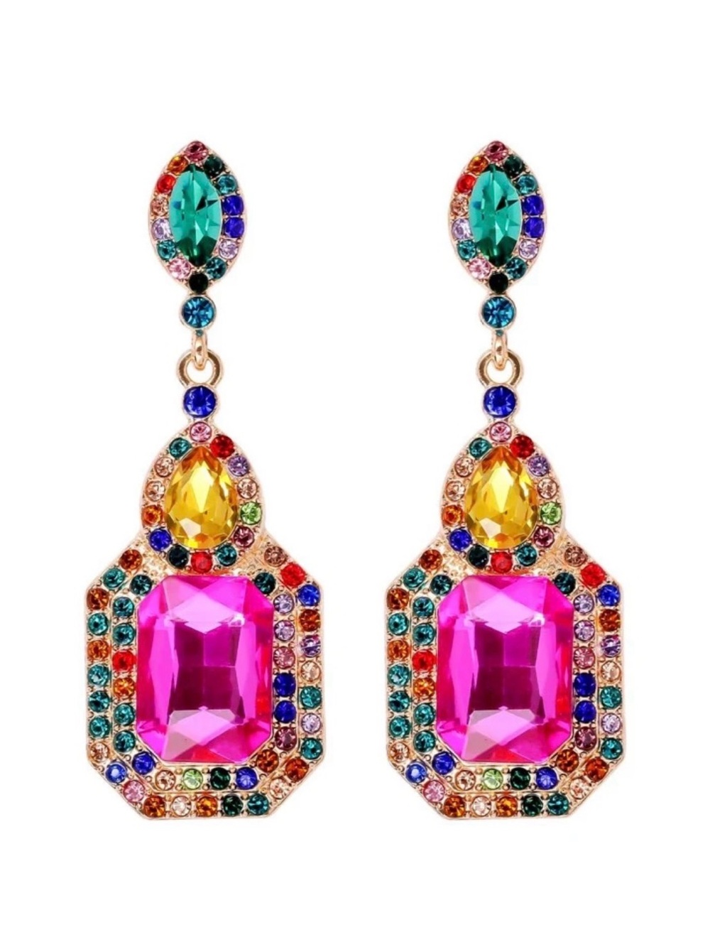 Multicolor Crystal Drop Earrings - Pink Center